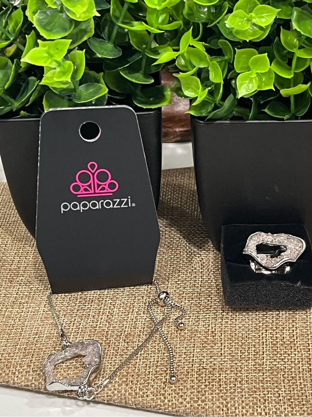 paparazzi pink with Silver Textured Open Heart bracelet and matching pink ring